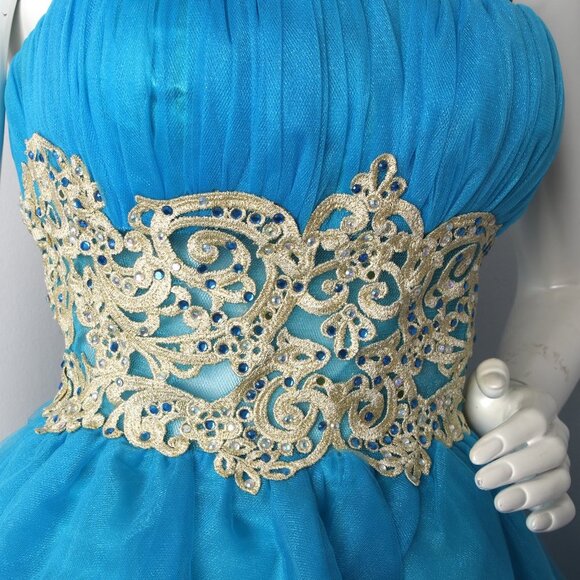 ORIGINAL Tulle Jeweled Prom Evening Dress Organza Strapless Short Gold Blue - Picture 3 of 8
